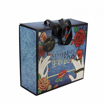 Unique denim pattern with ribbon rope handle folding box